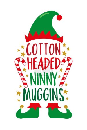 Algodón cabeza bobos muggins - dicho divertido con sombrero de elfo y zapatos, y bastón de caramelo. Bueno para la impresión de la camiseta, cartel, tarjeta, etiqueta, y otra decoración para la Navidad.