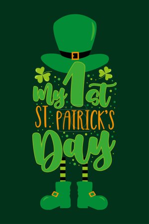 Illustration for My first St. Patrick's Day -  Leprechaun hat and legs, with clover leaf. Good forbaby clothes, banner, greeting card, label and other decoration. - Royalty Free Image