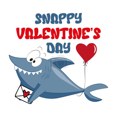 Bissiger Valentinstag - lustiger Gruß, süßer Hai mit Luftballon und Buchstaben. Gut für Grußkarte, T-Shirt-Druck, Poster, Etikett, Tasse und andere Geschenke Design.