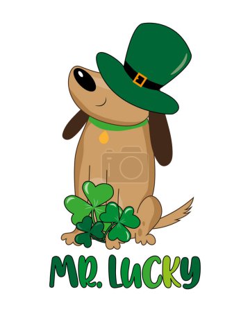 Ilustración de Mister Lucky -  funny St Patrick's Day design. Cute dog in hat, and with clover leaves. Irish leprechaun shenanigans lucky charm clover funny quote. - Imagen libre de derechos