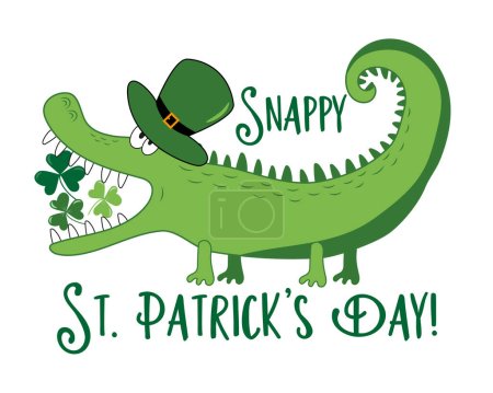 Illustration for Snappy St. Patrick's Day- funny St Patrick's Day design.Funny alligator in hat, and with clover leaves. Irish leprechaun shenanigans lucky charm clover funny quote. - Royalty Free Image