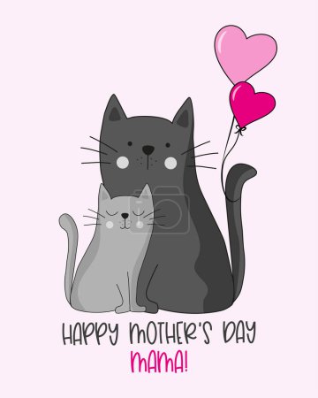 Téléchargez les illustrations : Happy Mother's Day Mama - Cute mama cat with balloons and little kitty hand drawn vector illustrartion. Good for greeting card, poster, label, textile print, and other gifts design. - en licence libre de droit