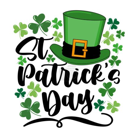 Téléchargez les illustrations : Happy St. patrick's Day - handwritten greeting with clover leaf and green hat. Isolated on black background. Good for greeting card, poster, banner, label, and other decoration. - en licence libre de droit