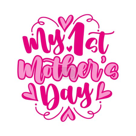 Mi primer día de la madre - texto de escritura rosa con corazones. Bueno para la impresión de la camiseta, cartel, tarjeta, etiqueta, taza y otros regalos de diseño para el día de la madre.