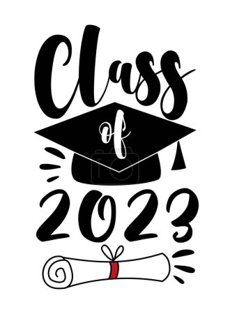 Illustration for Class of 2023 - typography  with graduate cap and certificate or diploma.Hand drawn vector design. - Royalty Free Image
