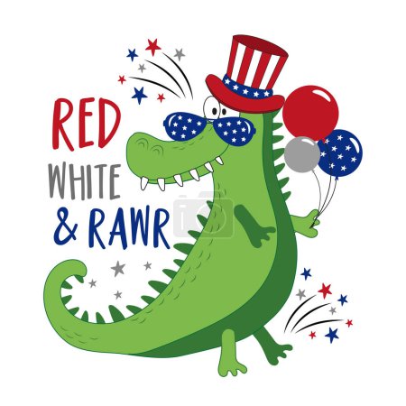 Illustration for Red white and rawr - 4th of july decoration for kids. Funny alligator in hat, and with balloons. Happy Independence day! - Royalty Free Image