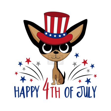 Ilustración de Feliz 4 de julio - perro chihuahua de dibujos animados en el sombrero del tío Sam y con fuegos artificiales. bueno para la impresión de la camiseta, cartel, cad de saludo, etiqueta y otra decoración. - Imagen libre de derechos