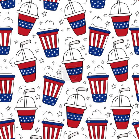 Illustration for Amrican colors coffee cups seamless pattern - hand drawn take away coffee cups. Good for wrapping paper, textile print, wall paper, cover and other decoration - Royalty Free Image