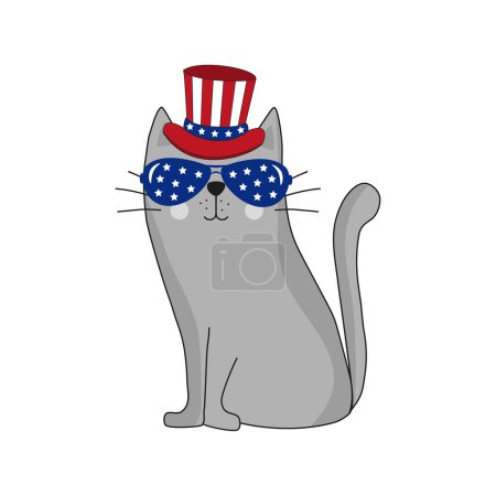 Illustration for Cat in american hat. Hand drawn vector illustration. Good for T shirt print, poster, card, label, and other gifts design. Happy Independence Day, vector design illustration. - Royalty Free Image