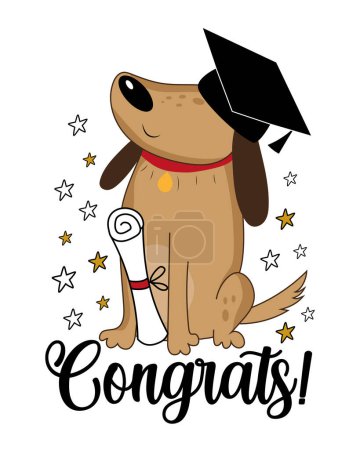 Illustration for Congrats -  cute dog in graduate cap and certificate or diploma. Good for greeting card, postcard, T shirt print, poster, label and other gifts design. - Royalty Free Image
