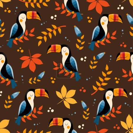 Toucan birds and autumnal leaves seamless pattern. Good for textile print, wallpaper, wrapping paper, label, cover, and other gifts design