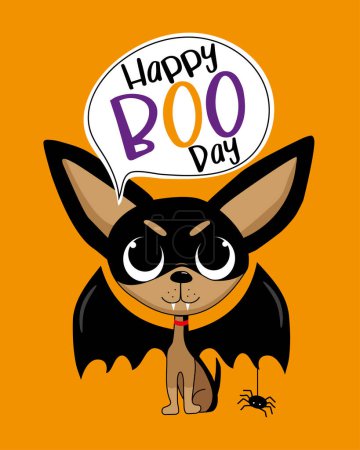 Illustration for Happy Boo Day - cute chihuahua dog with bat wings and spider and speech bubble.Good for greeting card, T shirt print, poster label, and other decoration for Halloween. - Royalty Free Image