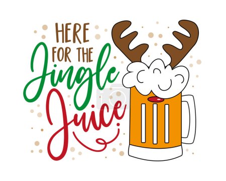 Téléchargez les illustrations : Ici pour le jus de jingle - tasse de bière drôle avec bois de renne. Bon pour l'impression de T-shirt, affiche, carte, étiquette et autre décoration pour Noël. - en licence libre de droit