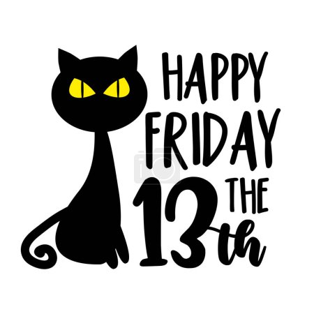 Illustration for Happy Friday the 13th - text with black cat, on white background.Good for greeting card, poster, banner, texile print and gift design. - Royalty Free Image