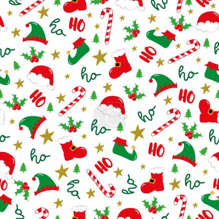 Nahtloses Muster für Weihnachten - Ho Ho Ho Spruch mit Mistel, Weihnachtsmütze und Stiefeln, Elfenhut und -schuhe, Zuckerrohr.