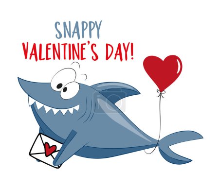 Bissiger Valentinstag - lustiger Hai mit Herzballon und Umschlag. Herzlichen Glückwunsch zum Valentinstag! Gut für T-Shirt-Druck, Karte, Poster, Textildruck und andere Geschenkideen.