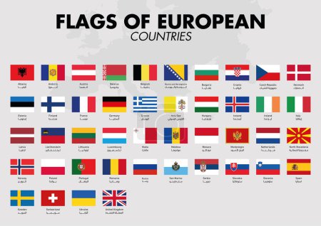 Ilustración de European countries Flags with country names and a map on a gray background. Vector illustration. - Imagen libre de derechos