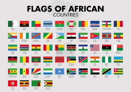 Afrikanische Länderflaggen mit Ländernamen und einer Landkarte auf grauem Hintergrund. Vektorillustration.