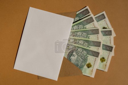 Foto de Polish zloty banknote saving money in envelope on beige background copy space. Consumption and economy Collecting money. Tips. Business, finance, saving, banking and people concept. Extra money, passive income. Saving for travel, crisis, house, car, - Imagen libre de derechos
