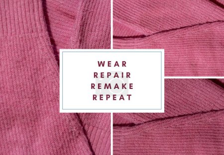Photo for WEAR REPAIR REMAKE REPEAT text on background of before and after repairing pink sweater with Anti-pilling razor. Sustainability lifestyle fashion, reducing clothing waste recycling. Electric portable - Royalty Free Image