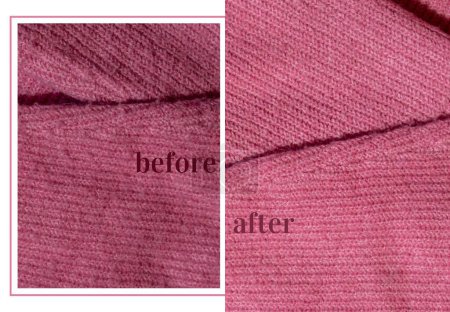 Photo for BEFORE AFTER effect of Anti-pilling razor. Device for shaving pellets clothes. Anti-Plush fabric Shaver. Electric portable sweater pill defuzzer Lint remover from acrylic or wool sweater - Royalty Free Image