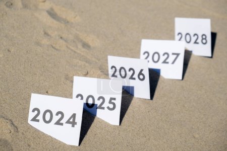 Papierkarten mit Jahreszahlen von 2024 bis 2028 hintereinander. Neujahrskonzept. Auflösung Zeit ist fliegender Plan Ziel Motivation Countdown