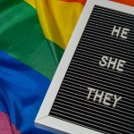 HE SHE THEY text Neo pronouns concept on Rainbow flag background gender pronouns. Non-binary people rights transgenders. Lgbtq community support assume my gender, respect pronouns tolerance equal