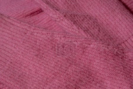 Photo for Lints on pink sweater. Acrylic or wool sweater. Before cleaning and collected fluff lint. Closeup Pilled sweater. Old used sweater with lint pilling. Restoration of old damaged clothes care. Repairing - Royalty Free Image