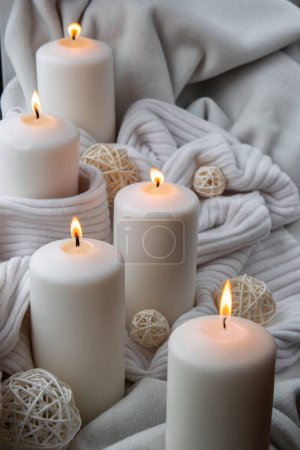 Photo for Home fragnance concept autumn holidays at cozy home on the windowsill Hygge aesthetic atmosphere on knitted white sweater. Still life of micro moment candid slow living. Mental health wellbeing - Royalty Free Image