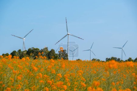 Windkraftanlage auf grasgelbem Feld vor bewölktem blauen Himmel im ländlichen Raum bei Sonnenuntergang. Offshore-Windkraftpark mit stürmischen Wolken im Ackerland Polen Europa. Windkraftanlage zur Stromerzeugung