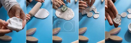 Collage tutorial Creator is using white air dry clay for making decor to EASTER holiday. Creating hobby recreation activity that involves fingers. DIY crafting Modern art 