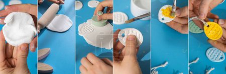 Collage tutorial Children air dry clay activity handicraft idea. DIY process step by step instruction. Preparing for Easter holiday decorating. Modern organic design minimalistic plastic free