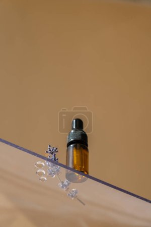 Looking through the window on natural herbal lavender essential oil. Eco organic seasonal wild harvested lavender flowers. Concept isometric of alternative medicine beauty treatments. 