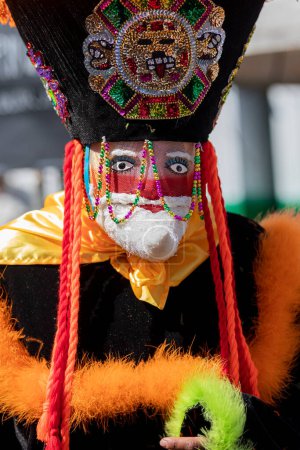 Photo for Close up of the face of a person with a chinelo mask, dancing in a carnival in Mexico - Royalty Free Image