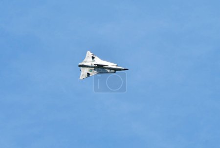 Photo for Zeltweg, Austria - September 03, 2022: Public airshow in Styria named Airpower 22, vintage jet fighter Saab J-35 Draken from Swedish Air Force - Royalty Free Image