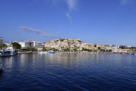 Photo for Kavala, Greece - June 13, 2023: Panoramic view of the city on the aegean sea with colorful houses, port, city walls and castle - Royalty Free Image