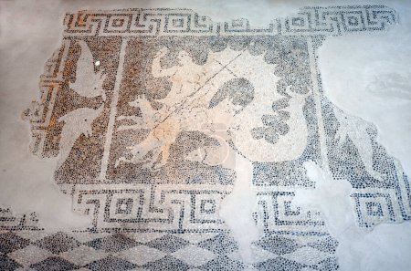Foto de Paphos, Chipre - 27 de septiembre de 2023: Parque Arqueológico de Kato Paphos Patrimonio de la Humanidad por la UNESCO, antiguo mosaico relacionado con la mitología griega, Paphos aka Pafos fue Capital Europea de la Cultura en 2017 - Imagen libre de derechos
