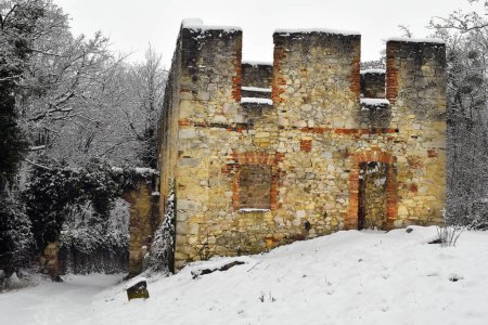 Austria, snow-covered ruins of the Leopold Chapel from the 17th century in the Mannersdorf Wueste nature reserve