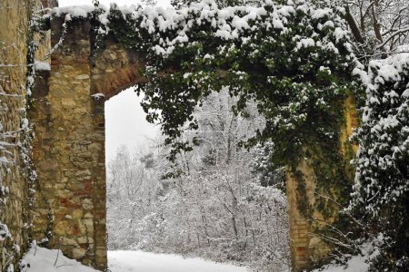 Austria, ruinas nevadas de la Capilla de Leopoldo del siglo XVII en la reserva natural de Mannersdorf Wueste