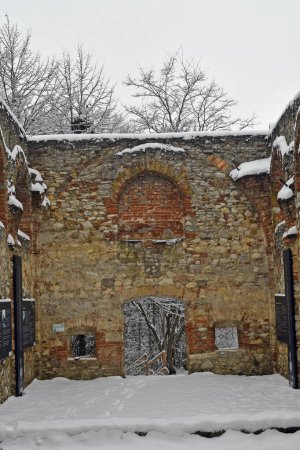 Téléchargez les photos : Mannersdorf, Autriche - 06 décembre 2023 : Ruine de la chapelle Léopold dans la réserve naturelle de Mannersdorf Wueste avec des références graphiques à l'histoire - en image libre de droit