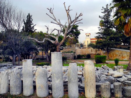 Athens, Greece - December 20, 2023: Different colums in the ancient Athenian Agora 