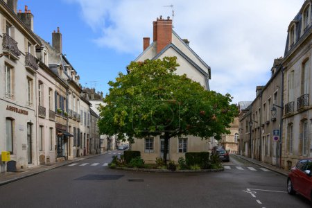 Foto de An unusual tree growing at the intersection of two ancient streets in the small town of Beaune, ancient buildings and the atmosphere of the Middle Ages. Burgundy, France - October2022 - Imagen libre de derechos
