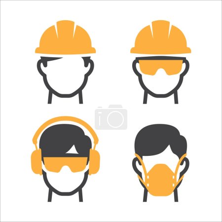 Bauarbeiter-Ikone gesetzt. Sicherheitsmann-Set. Schutzhelm, Brille, Gehörschutz, Maskensymbol. Vektorillustration