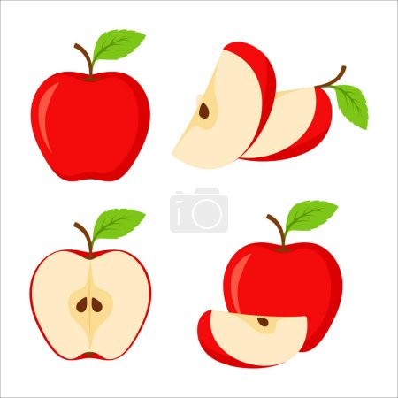 Foto de Conjunto de vectores de fruta Apple. Conjunto de manzanas y manzanas en rodajas aisladas sobre fondo blanco. Entero, mitad, rebanada de fruta de manzana roja con hojas verdes. Ilustración vectorial - Imagen libre de derechos