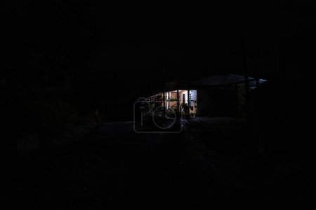 Foto de Casa de campo en parcela oscura llena de plantas y macetas colgando en la entrada - Imagen libre de derechos