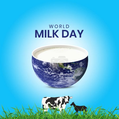 Happy Milk Day Design kreative Konzept-Idee mit Kuh Ziegenerde Milch auf isolierten blauen, 3D-Milch Hintergrund, Weltmilchtag-Konzept. Milchprodukt