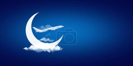 Airplane, Eid, Ramadan, Travel, travel, airplane, Air Aviation, travel and festival concept, Eid Mubarak creative concept design. Eid-ul-Azha. Eid moon-stock-photo