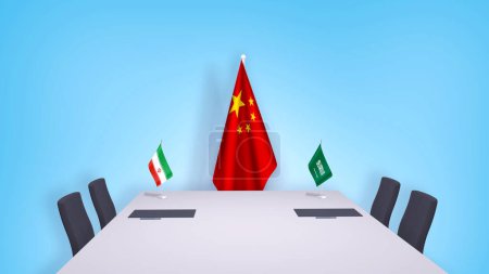 Photo for Flags of Iran and Saudi Arabia and papers on the table. Negotiations and signing an international agreement Mediated by China. Conceptual 3D rendering - Royalty Free Image