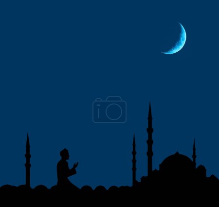 Illustration 3D de la nouvelle lune Ramadan, Nuits saintes et concept de l'Aïd, prière religieuse islamique, mosquée et lune de nuit bleue