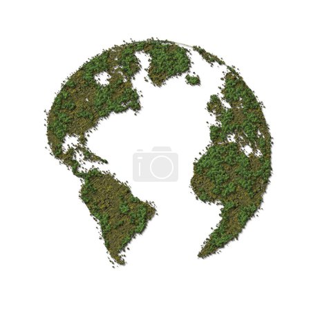 Mapa del globo terrestre verde con bosque arbóreo y mar aislado 3d, ahorre energía al planeta y cree un mundo ecológico verde, concepto de vida silvestre, día del medio ambiente, día de la vida silvestre de World Habitat, día del mundo